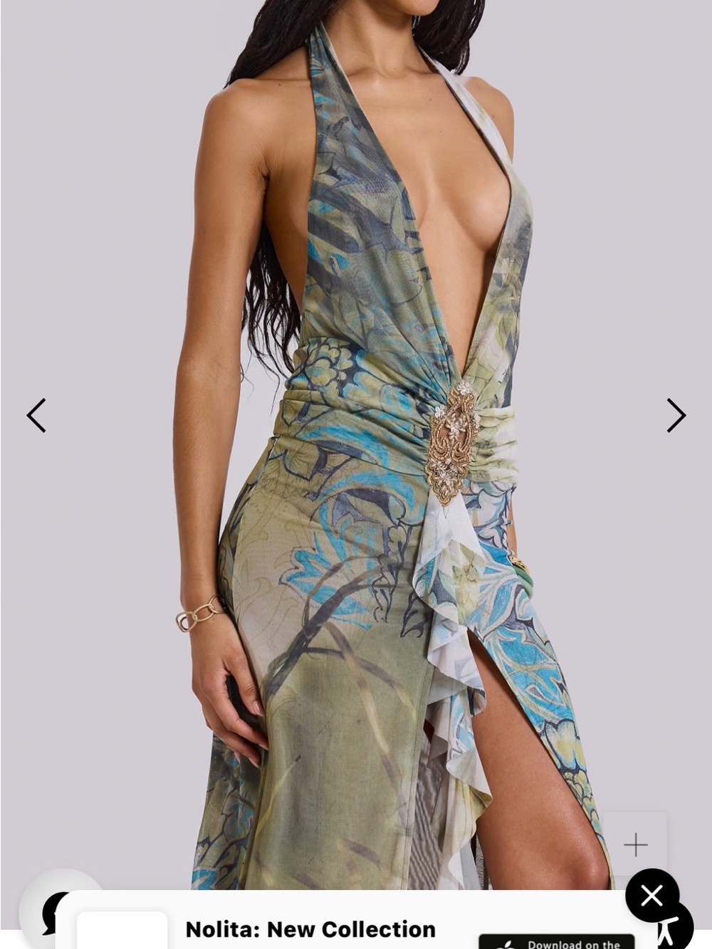 Jaded London Olive and Blue Plunge Halter Maxi Dress